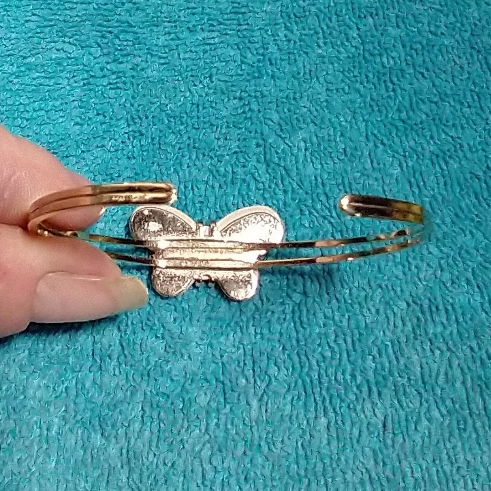 Goldtone Ceramic Yellow White Green Butterfly Cuff Bracelet Vintage - Picture 5 of 6